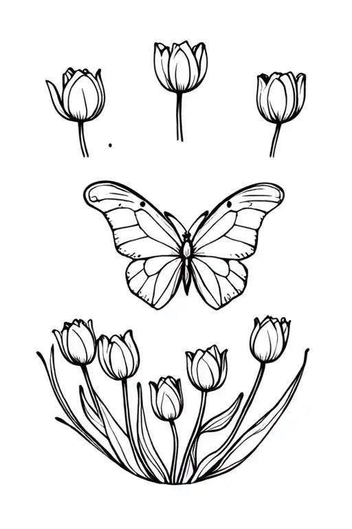 A Minimalist Design Of A Butterfly Surrounded By Mini Tulips In A Circular Pattern