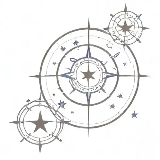 A Minimalist Tattoo Of A Compass Rose Surrounded By Water And Stars