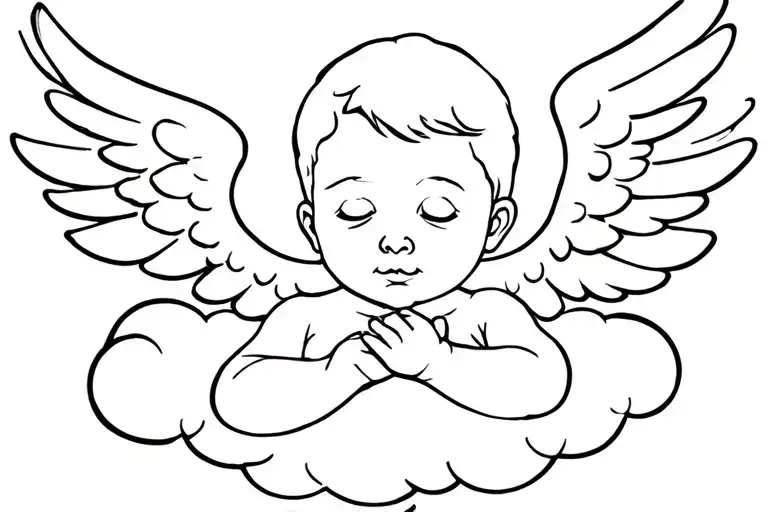 Baby Angel Head On A Cloud With His Hands Without Body With An A Hidden In The Drawing