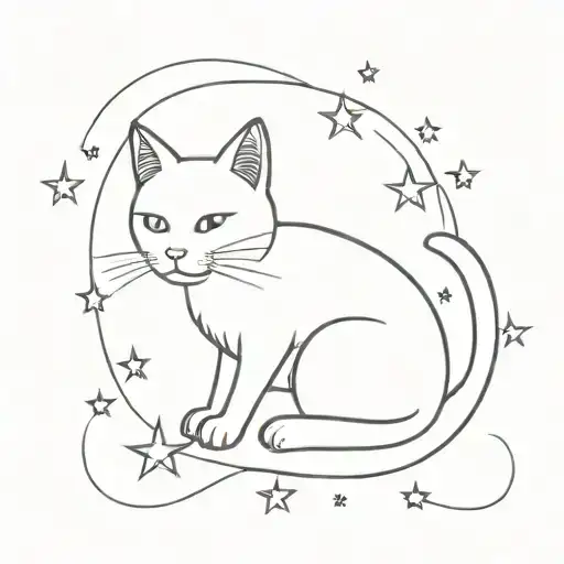 A Minimalist Tattoo Design Of A Cat Surrounded By Stars And Moons