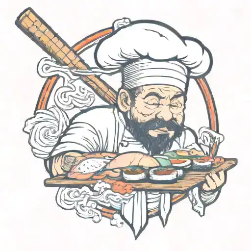 Chef With Sushi Insted Of Head And Kinfe In Hand