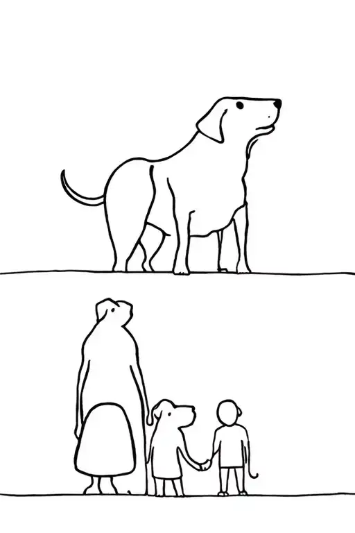 Dog Sillohuet With Three Kids And Two Adults