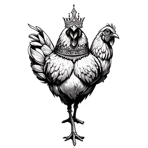 Chicken With Neutral Emotion Inside A Big Crown With Pattern Design Feathers