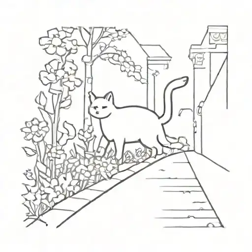 Silhouette Of A Cat Walking Down A Flower-lined Street