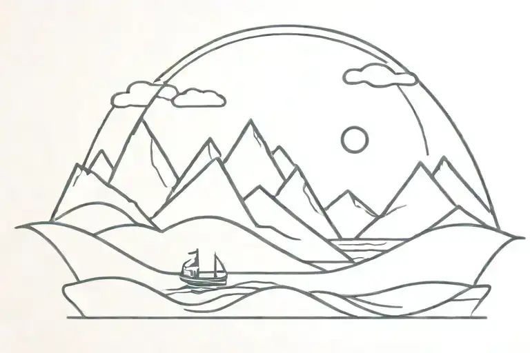 Mountain Range With Sun In Background With Waves And Boat In The Sun
