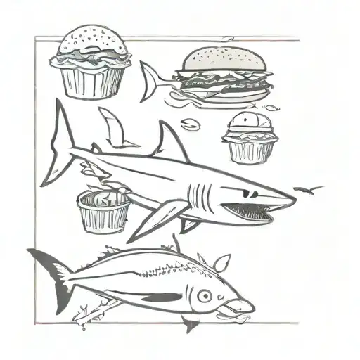 A Minimalist Tattoo Of A Shark Swimming Through A Sea Of Food Items Like Burgers And Pizzas