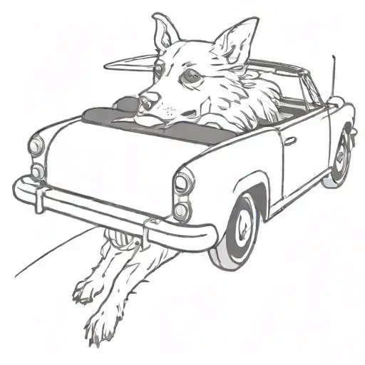 A Minimalist Tattoo Of A Dog Riding In A Convertible Car With The Wind In Its Fur