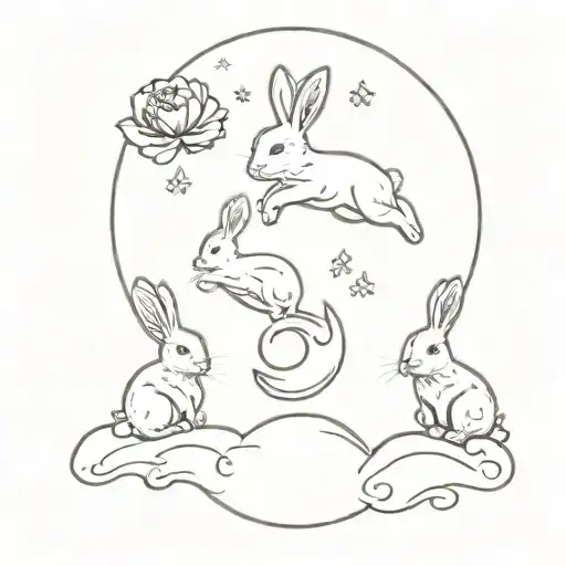 3 Bunnies Jumping With A Moon Flower And Cloud Back Groung