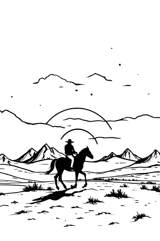 Cowboy On Horseback Facing Away In A Desert Landscape With Mountains And Sunset