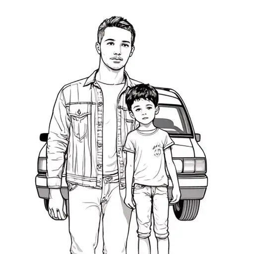 A Man And His Son Standing In Front Of A Car
