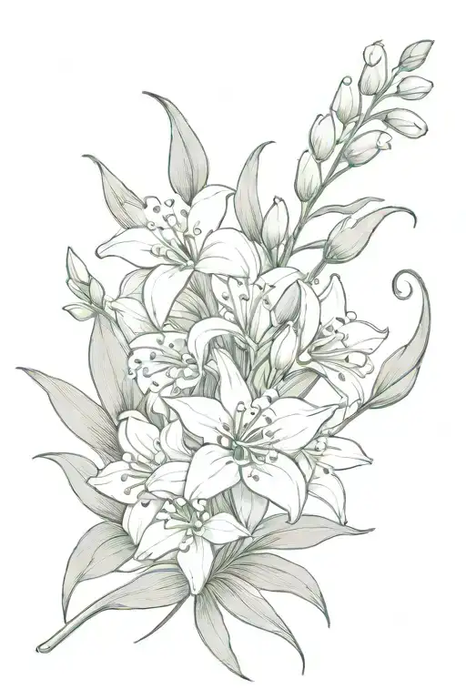 A Fine Line Drawing Of A Bouquet Of Lily Of The Valley And Larkspur