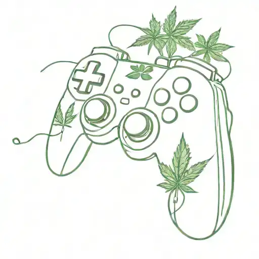 A Video Game Controller Intertwined With A Cannabis Plant And Music Notes