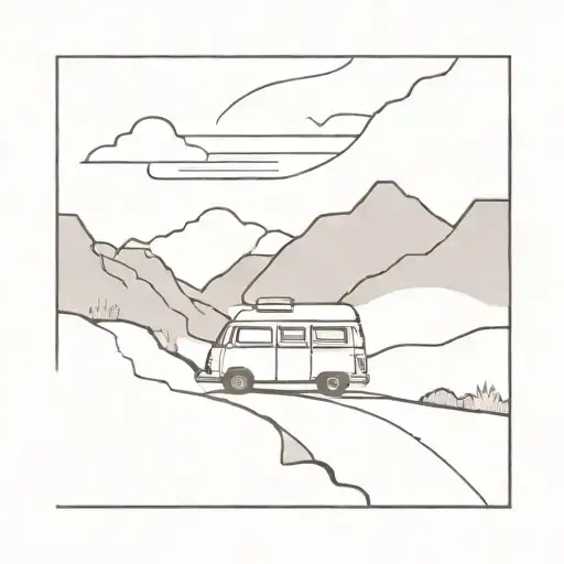 A Minimalist Design Of A Camper Van Driving Through A Mountain Landscape