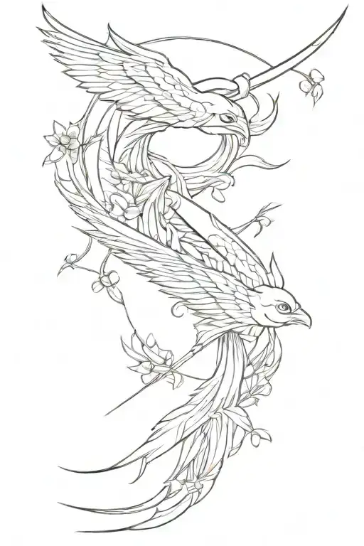 Katana With Fish Flowers And Stylized Phoenix In Profile