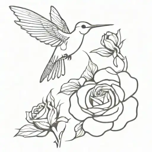 Humming Bird And Roses With Line Work Simplistic
