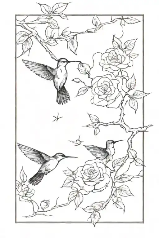 Trees With Line Work Leading Into Humming Birds And Roses