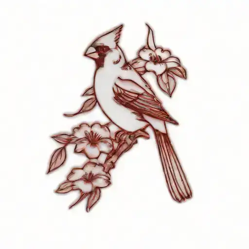 A Cardinal On A Branch Lillies Surround It