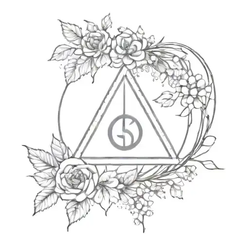 Minimalist Deathly Hallows Symbol Wrapped In Flowers With Crescent Moon