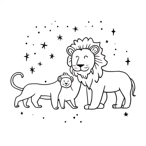 Lion And Lion Baby Stars In Background Father And Son