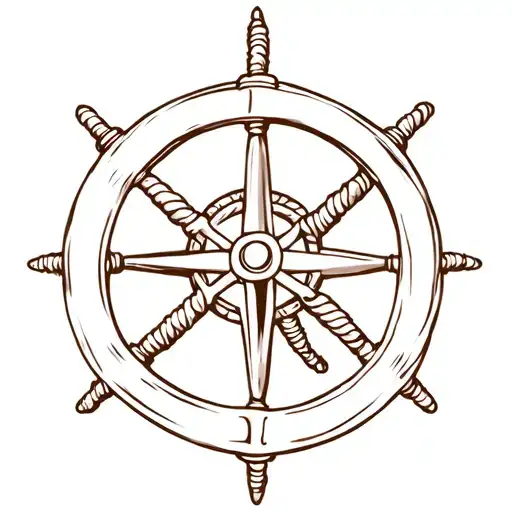 Ship's Wheel With Rope Intertwined And Compass