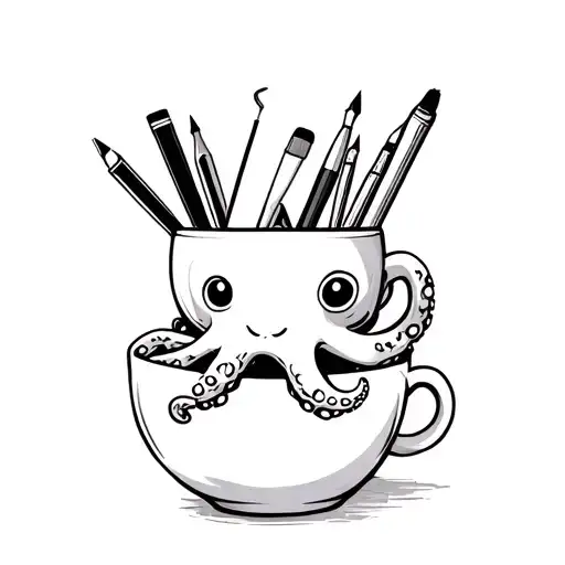 Cartoon Octopus In A Coffee Cup Overflowing Holding Art Supplies
