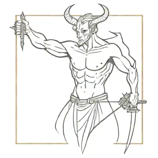 A Demon With A Sword In His Hands And Signs Above His Head