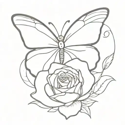 Lineal Butterfly Tattoo Fussioned With A Rose