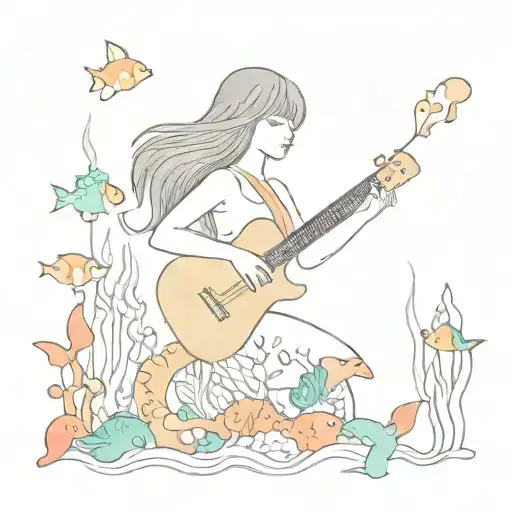 An Underwater Scene With A Mermaid Playing A Guitar Among Colorful Fish And Coral Reefs
