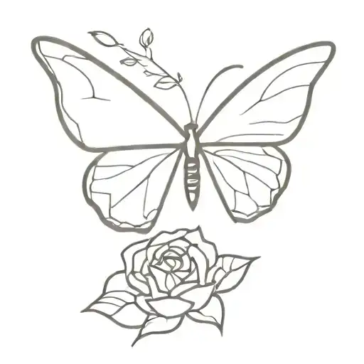 Lineal Butterfly Tattoo Fussioned With A Rose Horizontal