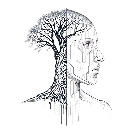 A Tree Half Realistic And Half In Binary Code Forming And A Robotic Man Face In A Background