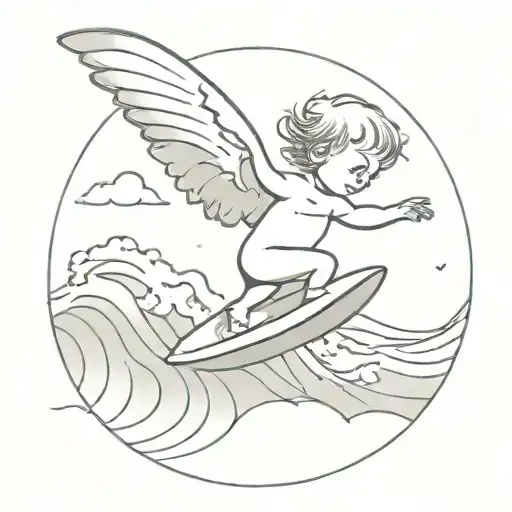 An Artistic Interpretation Of A Surfing Baby With Angel Wings Flying Above The Ocean