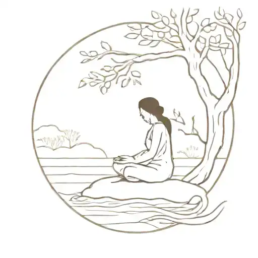 A Minimalist Tattoo Design Of A Serene Meditation Pose Under A Tree By A Flowing River