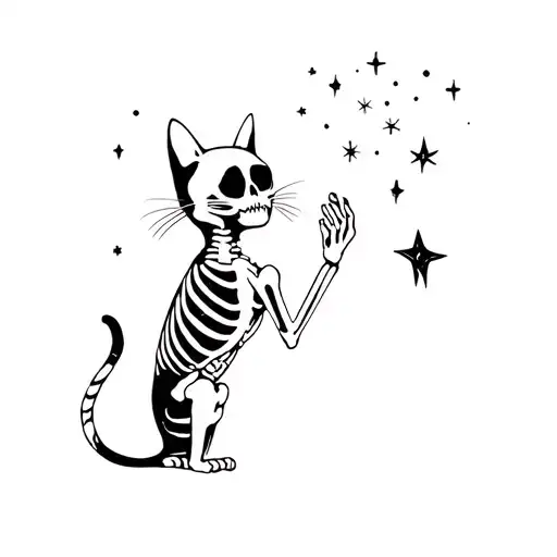 Galaxy Skeleton Cat With A Paw Reaching Out To A Small Star