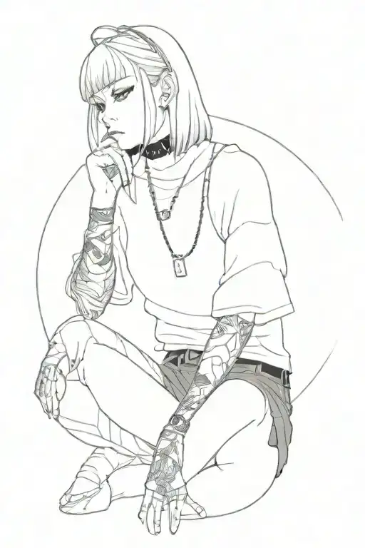 Tattooed Anime Girl In A T-shirt And Fishnet Tights With Choker Necklace