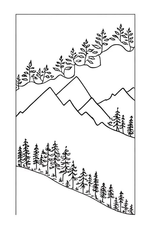 Mountains And Forest With Plant Leaves Wrapping Around