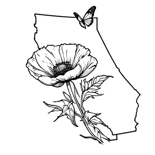 Red Poppy Flower Stamp With California State And Butterfly On It