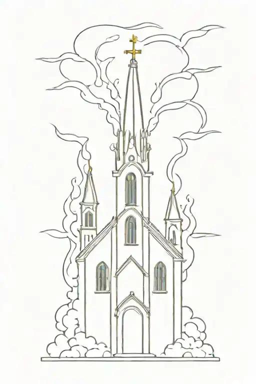 Catholic Church Burning In Fire Style Drawn Only Lines