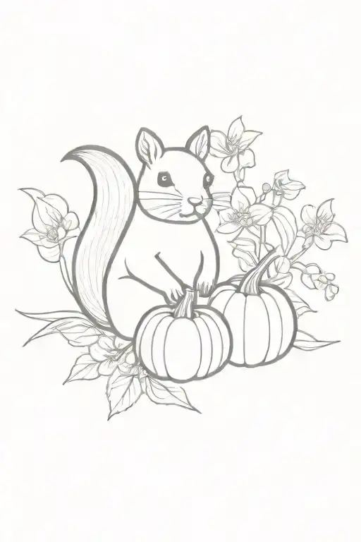 Orchids Behind Squirrel With Pumpkin