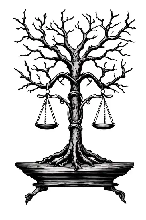 Scales Of Justice Intertwined With Branches Of A Tree