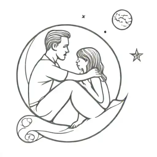 Dad And Daughter Sitting On A Moon