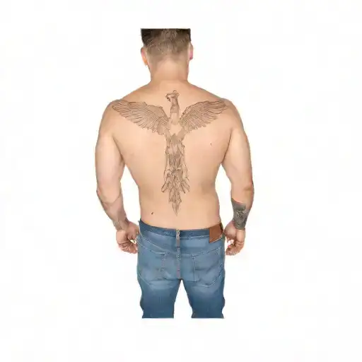 The Back Of A Man With A Tattoo Of An Eagle And David Of Michel Angel