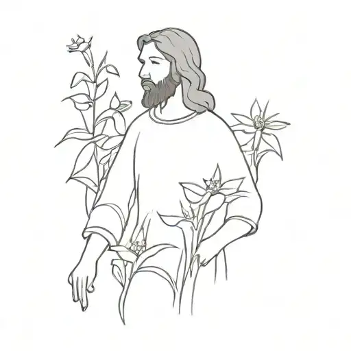 A Minimalist Outline Of Jesus Walking Through A Field Of Flowers