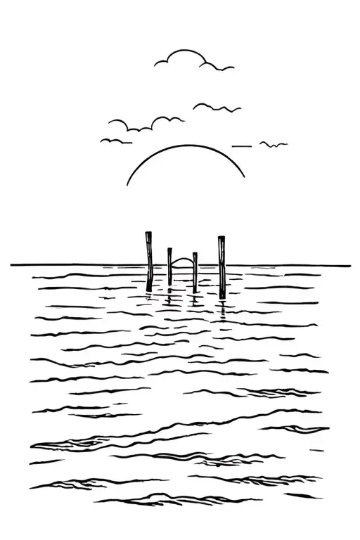 Sunset At The Beach With Poles Going Downn At The Sea