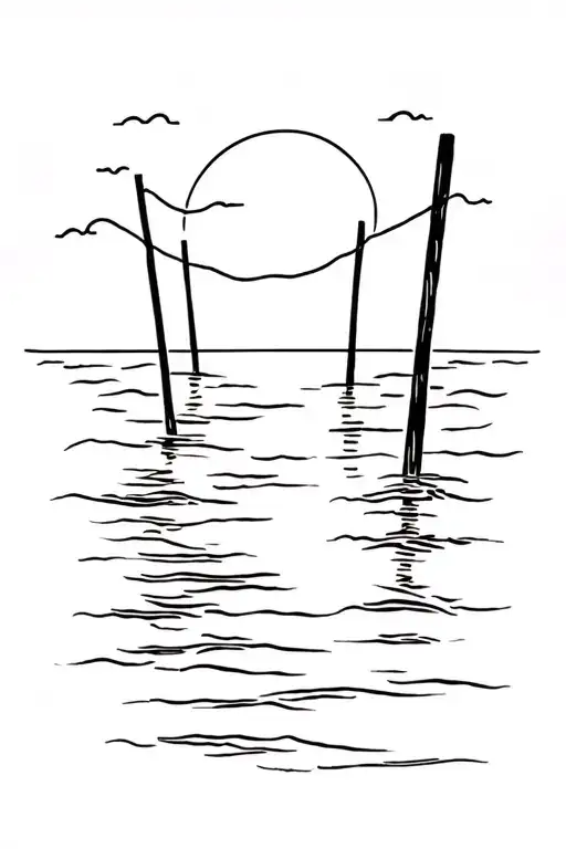 Sunset At The Beach With Poles Going Downn At The Sea