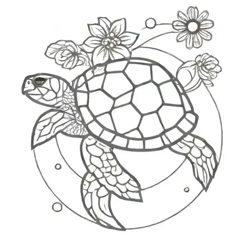Sea Turtle With Flowers And Sun