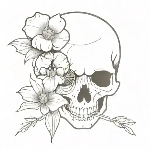 Sketch Of Skull Facing Towards The Right With 2 Flowers Coming Out Of The The Eye Socket