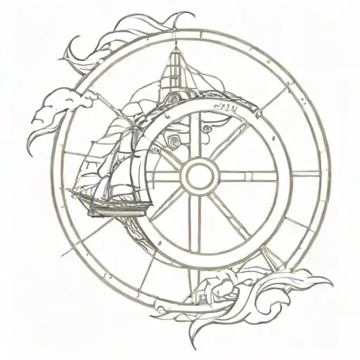 Big Nautical Wheel With A Siren On One Side And A Ship On The Other Side