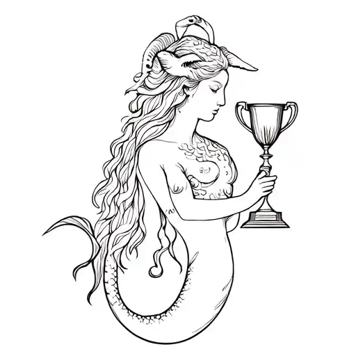 Mermaid With Goat Head Profile Holding Trophies