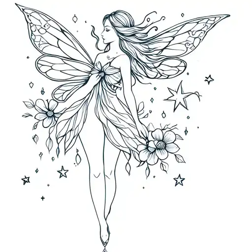 Fairy With Stars And Flowers Surrounding