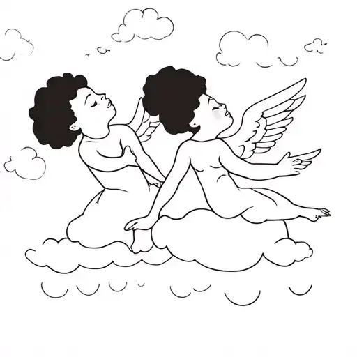 Two Black Little Girls With Afro Puffs As Baby Angel Cherubs Playing In The Clouds